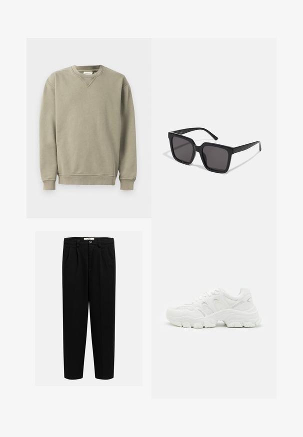 Khaki värvi dressipluus, mis on valmistatud pehmest puuvillasegusest kangast. Sellel on ümar kaelus, soonilised mansetid ja mugav lõige koos peente õmbluse detailidega.; Mustadest pehmest kangast püksid, otse lõikega disain, esikortsud ja nööbi sulgur vööl.; Valged spordijalatsid, millel on võrgust ülaserv ja nahast detailid, tekstuuriga kummist tald ning massiivne disain teravate kontuuridega.; Mustad musta raami prillid tumedate toonitud läätsedega ja sileda, läikiva plastmaterjaliga. Rihmad on lihtsa, pikliku disainiga.