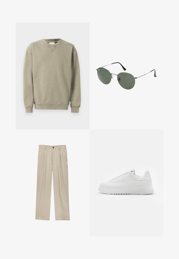 Khaki svetr vyrobený z měkkého bavlněného směsového materiálu, s kulatým výstřihem, žebrovanými manžetami a uvolněným střihem s jemnými švy.; Béžové kalhoty klasického střihu, se jedním černým knoflíkem, poutky na opasek a bočními kapsami. Hladká textilie a minimalistický design.; Bílé kožené tenisky se šněrováním, texturovaným povrchem a silnou bílou gumovou podrážkou s vroubkovaným okrajem pro lepší přilnavost.; Sluneční brýle s kovovým rámem a oválnými zelenými skly. Tenký stříbrný kovový rám a černé chrániče uší. Minimalistický design, žádné viditelné logo.