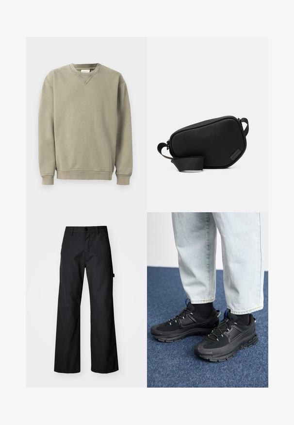 Khaki svetr vyrobený z měkkého bavlněného směsového materiálu, s kulatým výstřihem, žebrovanými manžetami a uvolněným střihem s jemnými švy.; Černé široké kalhoty vyrobené z odolné tkaniny. Obsahují zapínání na knoflík a boční kapsy. Hladký povrch s jednoduchým designem.; Černé sportovní boty s texturovanou tkaninou a gumovou podrážkou, s elastickými tkaničkami a modrým akcentem na patě. Nosí se s světlými džíny.; Černá crossbody taška se zipem, vyrobená z hladkého materiálu, s plochým tvarem, jedním popruhem a malým logem. Minimalistický design.
