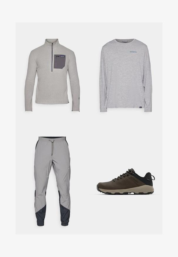 Patagonia AIR ZIP NECK - Fleecetröja - forever grey; Ljusgrå t-shirt med långa ärmar gjord av mjukt, texturerat tyg. Har en rund hals och en liten blå Patagonia-logotyp på bröstet.; Lätta, grå träningsbyxor med svarta detaljer. Elastisk midja, dragsko stängning, tapered design och sidofickor.; Bruna vattentåliga sneakers med en strukturerad ovandel, perforerade detaljer, svart hälstöd och en grå gummisula. Snörningen har metalliska ändar.
