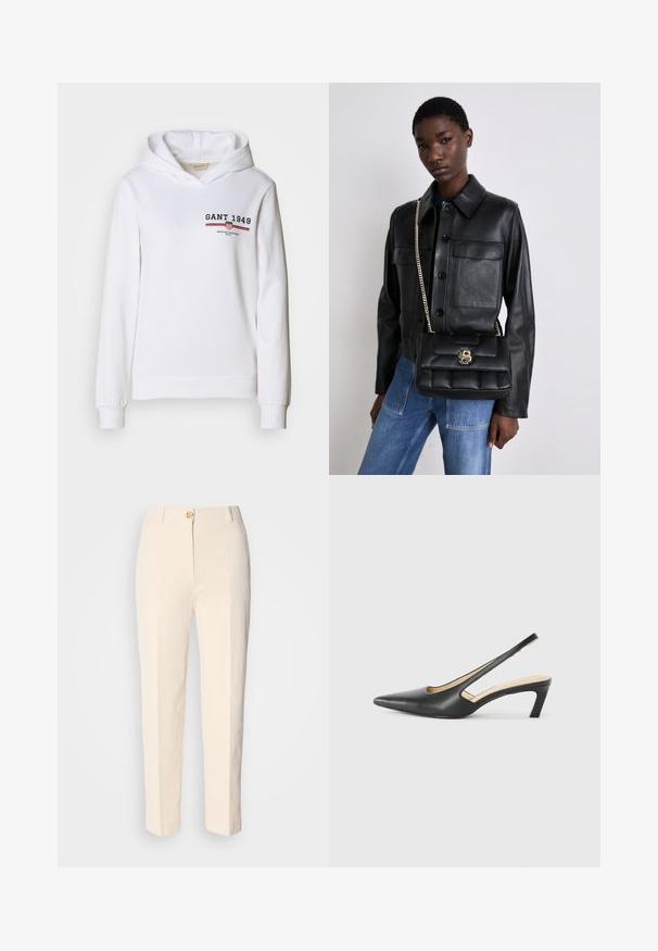 Weißer Hoodie aus weichem Stoff, mit einem Frontlogo "GANT 1949" und rot/blauen Streifenakzenten, langen Ärmeln und einer Kapuze mit Kordelzug.; Cremfarbene, hochtaillierte Hose aus strukturiertem Stoff. Mit einem Knopfverschluss vorne und schmal zulaufenden Beinen.; Schwarzer spitz zulaufender Slingback-Schuh mit niedrigem Absatz, der aus glattem Leder gefertigt ist und seitliche Ausschnitte für Atmungsaktivität aufweist.; Schwarze Lederjacke mit Knopfverschluss und zwei vorderen Taschen, kombiniert mit einer schwarzen gesteppte Handtasche mit goldener Schnalle und Kettenriemen.