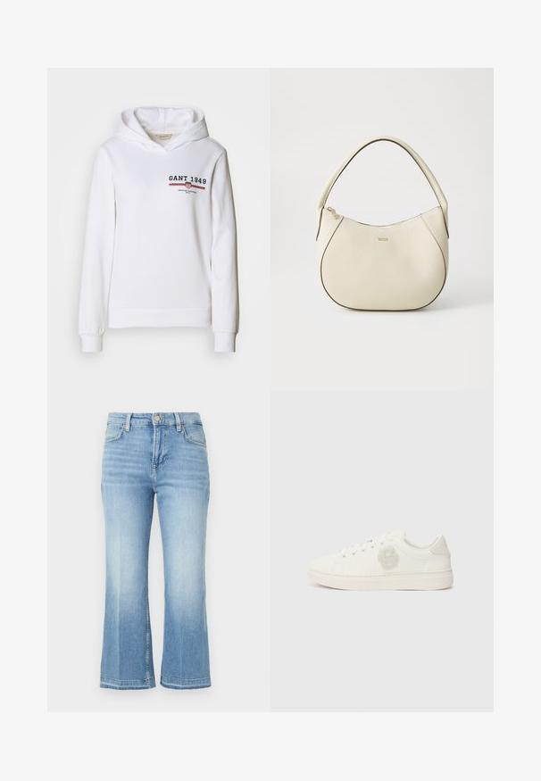 Hanorac alb din material moale, cu un logo frontal purtând textul "GANT 1949" și accente în dungi roșii și albastre, cu mâneci lungi și glugă cu șnur.; Jeans din denim albastru deschis, cu talie înaltă, picioare late și evazate, design estompat și accente cusute pe buzunare și tiv.; Sneaker alb cu un exterior din piele netedă, vârf rotund, șireturi plate și un patch cu logo texturat pe lateral. Talpă din cauciuc cu un profil minim.; Geantă de mână de culoare crem, cu un finisaj texturat, formă curbată, mânere scurte și detalii cu logo auriu. Închidere cu fermoar în partea de sus.