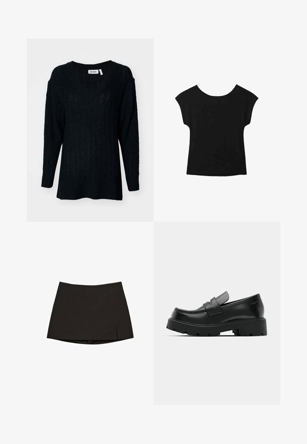 Sort strikket sweater med V-hals, ribbet tekstur og lange ærmer. Løs pasform med en smule længere bagtil. Brandlabel synlig.; Sort kortærmet top med bred halsudskæring og løs pasform. Lavet af blødt stof uden synlige mønstre eller pynt.; Sort mininine lavet af glat stof, med et lige design, sideslids og en ren kant. Enkel og alsidig.; Sorte læder loafers med en chunky tekstureret sål, der har en rem over vamps og en glat, poleret finish.
