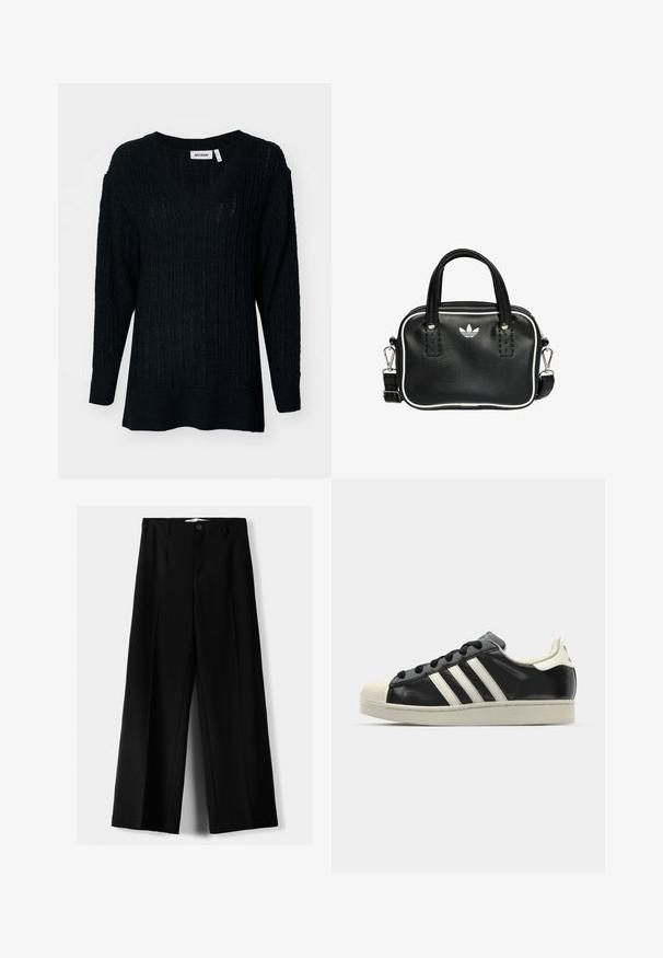 Pull en tricot noir avec un col en V, texture côtelée et manches longues. Coupe ample avec un dos légèrement plus long. Étiquette de la marque visible.; Pantalons larges noirs en tissu léger, avec une fermeture à bouton à l'avant et un devant plat, dotés d'ourlets soigneusement cousus.; Baskets en cuir noir avec des rayures blanches, embout en caoutchouc, lacets noirs et semelle extérieure crème. Texture lisse avec une finition brillante.; Sac à main en cuir noir avec deux poignées courtes, quincaillerie argentée, accents blancs et un logo blanc. Présente une surface texturée et un design compact.