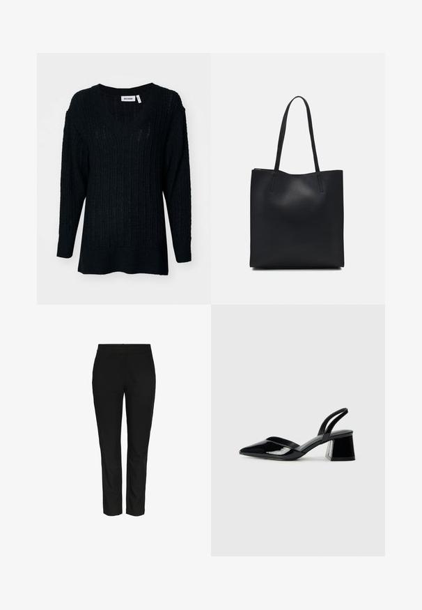 Fekete kötött pulóver V-kivágással, bordázott textúrával és hosszú ujjakkal. Laza fazon, hátulja enyhén hosszabb. Látható márkajelzés.; Fekete, karcsú szabású nadrág sima, szőtt anyagból. Szabványos derékrésszel és látható zsebek nélkül készült. Tiszta, igényes megjelenés.; Fekete lakk bőr szandálkés magas sarkú cipő, hegyes orral és geometrikus tömbsarkakkal. Karcsú, minimalista dizájn és sima textúra jellemzi.; Fekete bőrtáska sima felszínnel, téglalap alakú, két hosszú füllel. Nincs látható fémkiegészítő vagy díszítés.