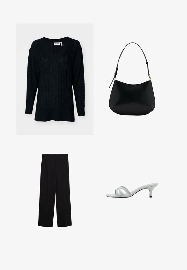 Zwarte gebreide trui met een V-hals, ribbelstructuur en lange mouwen. Losse pasvorm met een iets langere achterkant. Merkenlabel zichtbaar.; Zwarte wijde broek van een gladde stof, met plooien aan de voorkant en zijzakken, ontworpen met een rechte, relaxte snit.; Lichtgrijze hakken met drie kruislings geplaatste banden, een slank profiel en een taps toelopende hak. Gladde textuur met een lichtglanzende afwerking.; Zwarte leren schoudertas met een gladde textuur, gebogen vorm en verstelbare hengel. Heeft minimale stiksels en een eenvoudig ontwerp.