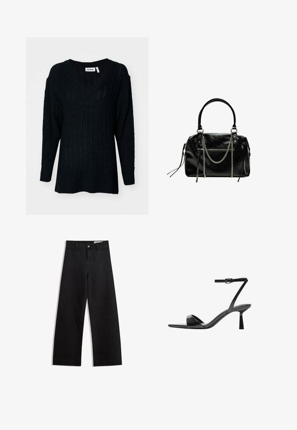 Maglione nero lavorato a maglia con scollo a V, texture a coste e maniche lunghe. Vestibilità ampia con un retro leggermente più lungo. Etichetta del marchio visibile.; Pantaloni in denim neri a gamba larga con vita alta, dotati di tasche anteriori e posteriori, cuciture a punto, e chiusura con bottone. Texture liscia.; Bershka Sandali con tacco - black; Bershka WITH CHAIN - Borsa a mano - black