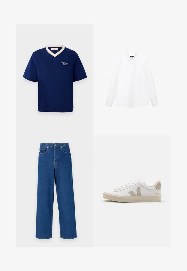 Námořnická modrá pletená košile s krátkým rukávem a krémovým výstřihem do V, na levé hrudi vyšitý nápis "Originals Club".; Bílé dlouhé rukávy košile s límečkem na knoflíčky, předními knoflíky, rovním spodním lemem a měkkou bavlněnou tkaninou. Minimalistický design bez vzorů.; Široké modré džíny z denimu s vysokým pasem, pěticípým designem a kontrastním prošíváním podél švů a kapes.; Bílé kožené tenisky s béžovými akcenty, plochou gumovou podrážkou, kulatou špičkou a kontrastním logem na boku a vzadu. Šněrovací design.
