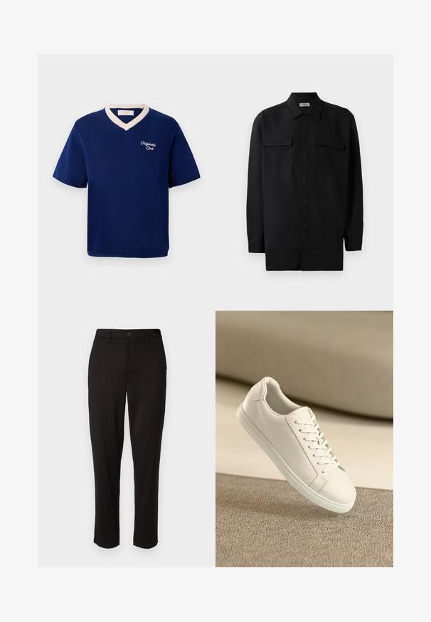 Μπλε ναυτικού κοντομάνικο πλεκτό πουκάμισο με κρεμ ανάγλυφο V και ραμμένο το "Originals Club" στο αριστερό στήθος.; Μαύρο πουκάμισο με κουμπιά από απαλό ύφασμα, με κλασικό γιακά, δύο μπροστινές τσέπες και μακριά μανίκια με κουμπιά στον καρπό.; Μαύρο παντελόνι από ελαφρύ ύφασμα, με ίσια γραμμή, εμπρόσθιο κούμπωμα, θηλιές ζώνης και πλάγιες τσέπες.; Λευκά δερμάτινα αθλητικά παπούτσια με λευκά κορδόνια, τοποθετημένα σε μπεζ υφασμάτινη επιφάνεια με ήπιο θολό φόντο.