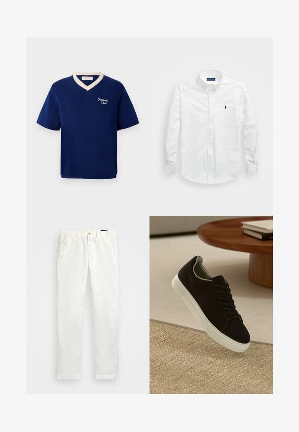 Navy blue short-sleeve knit shirt with cream V-neck trim and "Originals Club" embroidered on left chest.; White button-up shirt made of cotton. Features a pointed collar, long sleeves, and a small navy logo on the chest. Smooth texture.; White cotton chinos with a straight leg design, featuring side pockets, a single button closure, and a smooth texture.; Black sneaker with white sole floating above beige textured rug near round wooden table with stacked books.