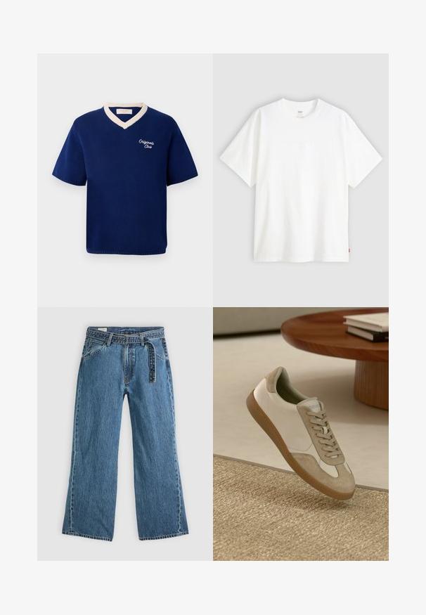 Tamsiai mėlynas trumpomis rankovėmis megztinis su kreminiu V formos apvadu ir užrašytu "Originals Club" kairėje krūtinės pusėje.; Baltas trumpas rankovės marškinėlis, pagamintas iš medvilnės, su apvalia iškirpte. Priekyje yra subtilus iškilus logotipas ir raudonas etiketas ant apačios.; Mėlyni džinsiniai plačių kojų džinsai su prijungtu diržu, priekinėmis kišenėmis ir matomomis siūlėmis ant vientiso šviesaus fono.; Lengvas sportinis batelis su baltu odiniu viršumi, su kreminėmis zomšos detalėmis, apvalia nosimi ir tekstūruotu rudu guminio padu.