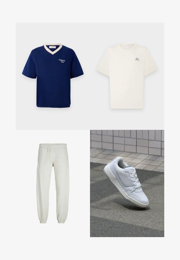 Tamsiai mėlynas trumpomis rankovėmis megztinis su kreminiu V formos apvadu ir užrašytu "Originals Club" kairėje krūtinės pusėje.; Grietos spalvos medvilnės marškinėliai trumpomis rankovėmis, su maža daugiagysle dviratį grafika kairėje krūtinės pusėje.; Baltos sportinės kelnės, pagamintos iš minkštos medžiagos, su elastinga juosmeniu ir rankogaliais, turinčios lygią tekstūrą ir laisvą siluetą.; Baltos odinės sportinės bateliai su perforuotais šonais, tekstūruotais akcentais, plokščiomis raištelėmis ir kontrastingu pilku kulnu. Yra šiek tiek pakelti padas.