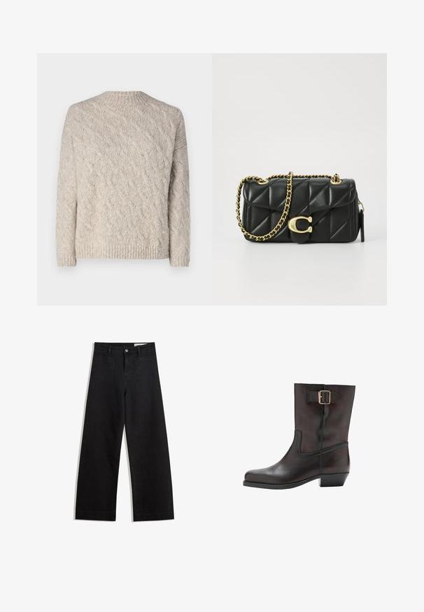 Light beige knitted sweater featuring a textured cable pattern, long sleeves, and a round neckline with ribbed hem and cuffs.; Black wide-leg denim pants with a high waist, featuring front and back pockets, stitched seams, and a button closure. Smooth texture.; Black leather ankle boot with a rounded toe, low block heel, side elastic panel, and a gold buckle accent on the ankle strap.; Black quilted leather handbag with a gold chain strap and a toggle clasp featuring a circular accent. Compact rectangular shape.