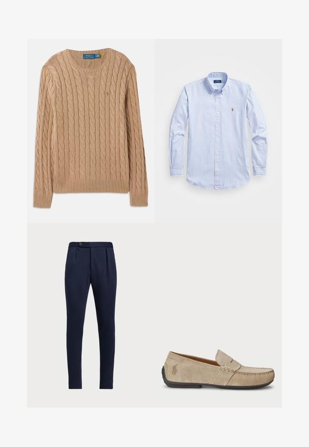 Beige strikket genser med kabelmønster, rund hals, ribbestrikkede mansjetter og kant. Har merkeetikett på innsiden av halsen.; Lyseblå og hvitstripet skjorte med knapper, klassisk krage, lange ermer og en liten brodert logo på brystet.; Marineblå skreddersydde bukser med flat front, to frontfolder og en enkelt knappelukking, med et glatt, teksturert stoff.; Beige mokasiner i semsket skinn med en sydd detalj, flat gummisåle og en liten logo på siden. Klassisk slip-on-design, myk tekstur.
