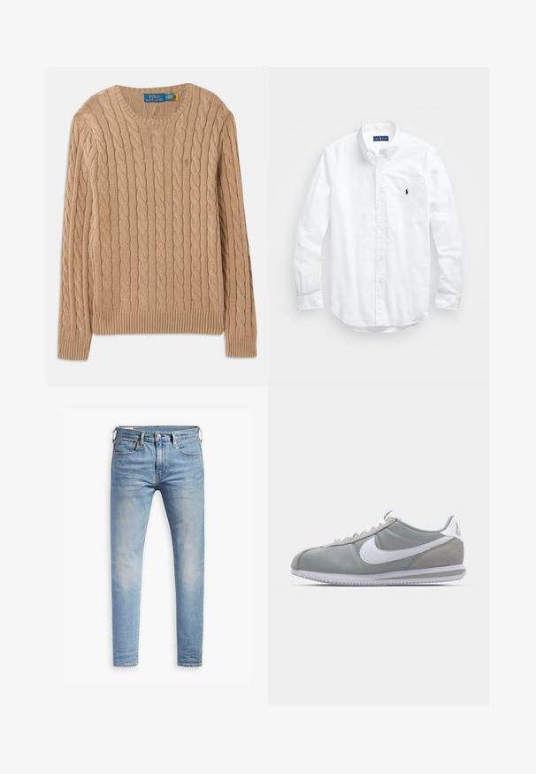 Beige kötött pulóver, kábelmintával, kerek nyakkivágással, bordás mandzsettával és szegéllyel. A belső nyaknál található a márkás címke.; Fehér, hosszú ujjú, gombos férfiing pamutból. Klasszikus gallérral, gombos mandzsettával és egy kis sötétkék hímzett logóval a mellrészen.; Világoskék, slim fit farmernadrág enyhe kopással a combokon, elöl gombos záródással, övbujtatókkal és öt zsebbel, fehér háttérrel.; Szürke sportcipő velúr és textil felsőrésszel, fehér Nike pipa logóval és fehér fűzőkkel. Jellemzője egy texturált gumi talp és párnázott bokarész.