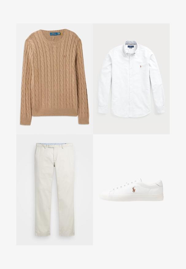 Maglione lavorato a maglia beige con motivo a treccia, scollo rotondo, polsini e orlo a coste. Presenta l'etichetta del marchio all'interno del colletto.; Camicia bianca a maniche lunghe con bottoni, realizzata in cotone. Presenta un colletto alla francese, chiusura con bottoni e un piccolo logo ricamato sul petto.; Chino in cotone beige con fronte piatto, passanti per la cintura e tasche laterali. Design a gamba dritta con una texture liscia e una sensazione leggera e traspirante.; Sneakers in pelle bianca, design low-top, caratterizzati da una texture liscia, punta rotonda, chiusura con lacci e un piccolo logo ricamato sul lato.