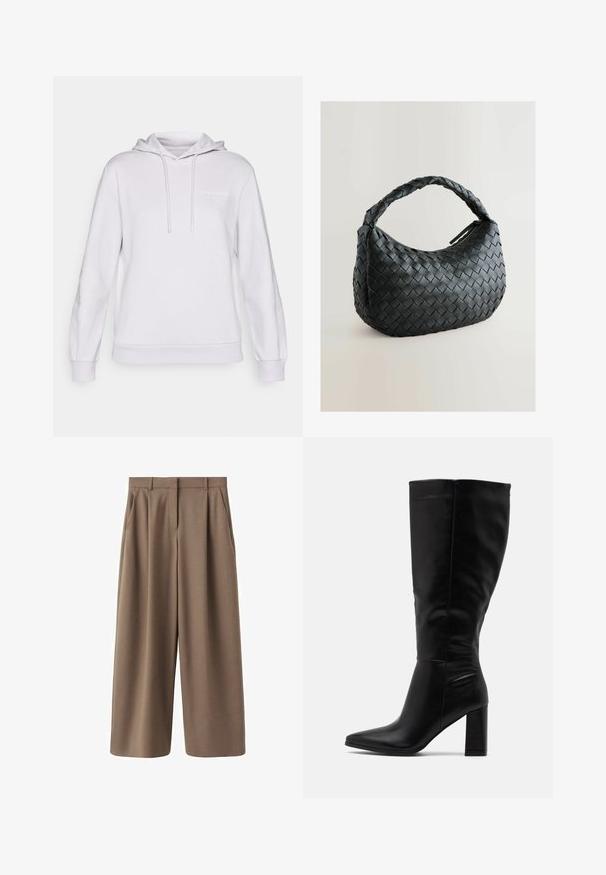 Felpa grigia chiara realizzata in un tessuto morbido. Presenta una tasca a marsupio anteriore, cappuccio con cordino, polsini a costine e un piccolo logo sul petto.; Pantaloni larghi marroni con una texture liscia, pieghe frontali e vita alta. Presentano un design sartoriale e tasche laterali.; RAID JORDANN - Stivali con i tacchi - black; Borsa a tracolla nera intrecciata con forma arrotondata, superficie testurizzata e una robusta maniglia intrecciata. Dotata di chiusura con zip per una conservazione sicura.; Orecchini metallici dorati con un design ondulato; superficie liscia e riflettente; forma asimmetrica; nessun motivo o hardware visibile.