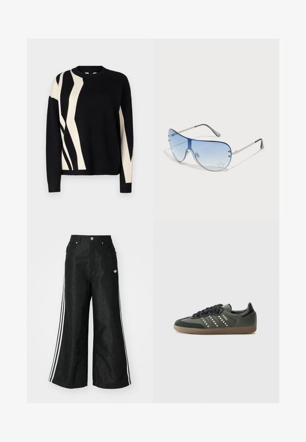 Suéter preto de malha com um padrão abstrato em creme. Gola redonda, mangas compridas e punhos canelados. Textura suave com um ajuste descontraído.; Calças de denim largas pretas com três riscas brancas em cada lado e um pequeno logótipo branco. Apresenta bolsos frontais e um fecho de botão.; adidas Originals SAMBA OG - Sapatilhas - core black/legend earth/gum; Óculos de sol aviador com lentes azuis em degradê, armação metálica prateada e detalhes decorativos de estrelas nas lentes. Design suave e elegante.