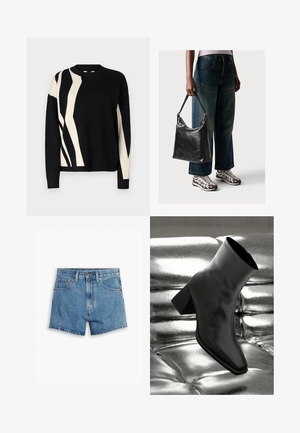 Black knit sweater featuring an abstract cream pattern. Crew neckline, long sleeves, and ribbed cuffs. Soft texture with a relaxed fit.; Denim shorts in light blue, featuring five pockets, a zip fly, and a button closure. The hem is frayed with a relaxed fit design.; Black ankle boot made of glossy material with a square toe and tapered heel, set against a shiny silver tufted background.; Black leather shoulder bag with a smooth texture and adjustable strap, paired with faded wide-leg jeans and athletic sneakers.