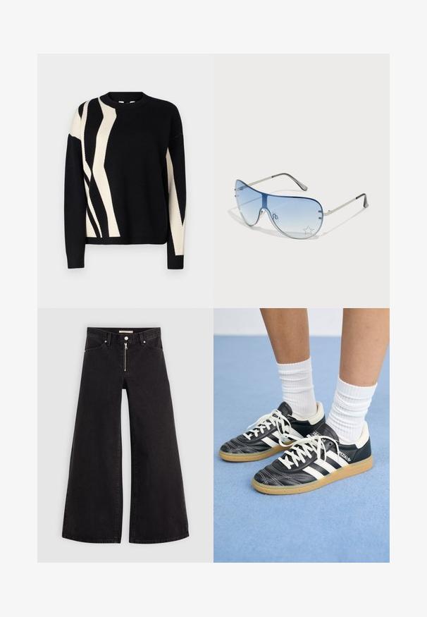 Pull en maille noir avec un motif abstrait crème. Encolure ras du cou, manches longues et poignets côtelés. Texture douce avec une coupe décontractée.; Jean large en denim noir avec une fermeture éclair à l'avant, un design à cinq poches et des détails de couture subtils. Texture lisse et style décontracté.; Sneakers en cuir noir avec des rayures blanches, bout rond, lacets blancs et semelle en caoutchouc beige. Accentué par un col rembourré et des détails de marque.; Lunettes de soleil aviateur avec des verres dégradés bleus, une monture en métal argenté et des accents décoratifs en forme d'étoile sur les verres. Design lisse et élégant.