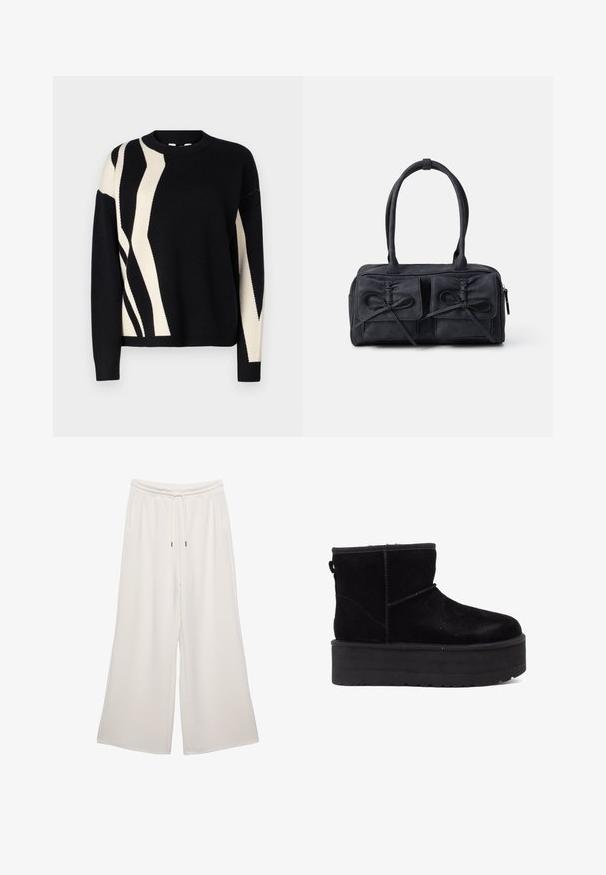 Pull en maille noir avec un motif abstrait crème. Encolure ras du cou, manches longues et poignets côtelés. Texture douce avec une coupe décontractée.; Pantalons amples de couleur crème en tissu doux, dotés d'une taille élastique, d'un cordon de serrage et de poches latérales. Texture lisse.; Bottines en suede noir avec une semelle épaisse et un intérieur doux. Finition avec des accents de couture et une languette arrière pour les enfiler facilement.; Sac à main en tissu noir avec deux poches avant dotées de détails en nœud, deux poignées et fermeture éclair. Texture douce et forme rectangulaire.