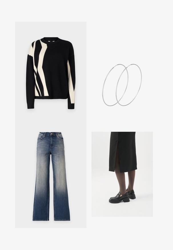 Schwarzer Strickpullover mit einem abstrakten cremefarbenen Muster. Rundhalsausschnitt, lange Ärmel und gerippte Bündchen. Weicher Stoff mit lockerer Passform.; Hochtaillierte, weit geschnittene Jeans in hellblau bis dunkelblauem Denim mit Ausbleichungen, ausgestattet mit einem Knopfverschluss und Gürtelschlaufen. Sauberer Saum und keine sichtbaren Verzierungen.; Schwarze Lederschuhe mit abgerundetem Zeh, dicker Blockabsatz und elastischen seitlichen Akzenten, kombiniert mit dunklen Strumpfhosen und einem schwarzen Rock mit Schlitz.; Silberne Creolen mit minimalistischem Design. Rundform, glatte Oberfläche und dünnes Profil. Leichtgewichtig mit hochglänzender Oberfläche.