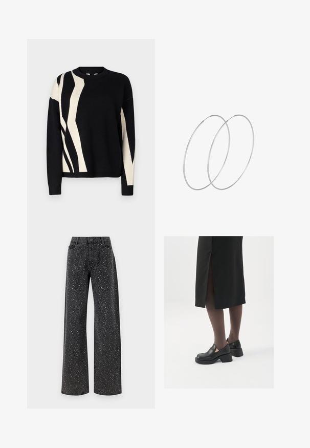 Must mustern, mille, õhuline ja lõdva lõikega. Ümar kaelus, pikad varrukad ja soonikkoes randmed.; Noisy May NMJANNEL LOOSE - Avar lõikega teksad - black denim; Mustad mustad jalatsid ümmarguse varbaga, paksu plokkniidi ja elastsete külgdetailidega, kombineeritud tumedate sukkade ja musta lõhikuga seelikuga.; Hõbedased rõngastikkaehingad minimalistlikus disainis. Ümar kuju, sile tekstuur ja õhuke profiil. Kerged ning poleeritud viimistlusega.