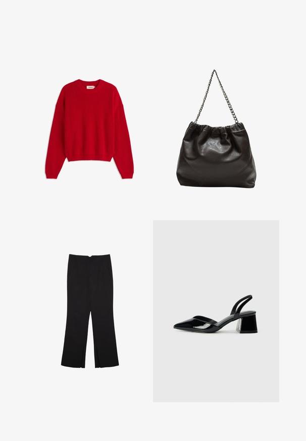 Roter gestrickter Pullover mit rundem Ausschnitt, geripptem Textur und langen Ärmeln. Mit lockerer Passform und gekürztem Saum. Etiketten sichtbar im Inneren.; Schwarz langärmliges Hemd aus glattem Stoff, mit klassischem Kragen, frontaler Knopfleiste mit goldfarbenen Knöpfen und breiten Manschetten.; Schwarze Hose mit geradem Schnitt, ausgestattet mit Fronttaschen und Seitenschlitzen am Saum. Hergestellt aus weichem, glattem Stoff. Geeignet für verschiedene Anlässe.; Schwarze Lackleder-Slingback-High Heels mit spitzem Schuh und einem geometrischen Blockabsatz. Verfügt über ein schlankes, minimalistisches Design und eine glatte Textur.; Braune Lederhandtasche mit gerafftem Oberteil und Kettenriemen. Glatte Textur mit glänzendem Finish und subtilen Nahtdetails an den Seiten.