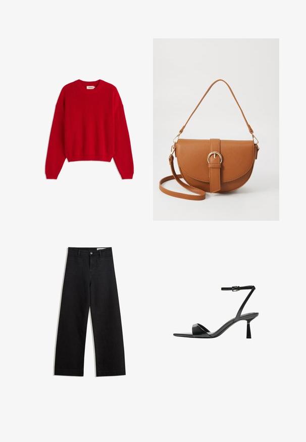 Rode gebreide trui met een ronde halslijn, ribbelstructuur en lange mouwen. Heeft een losse pasvorm en een korte zoom. Labels zichtbaar aan de binnenkant.; Twee t-shirts met korte mouwen, één wit en één zwart, gemaakt van katoen. Beide hebben een ronde halslijn en een eenvoudig, klassiek ontwerp.; Zwarte denim broek met wijde pijpen en een hoge taille, voorzien van voor- en achterzakken, gestikte naden en een knoopsluiting. Gladde textuur.; Bershka Sandalen met hoge hak - black; Bruine leren schoudertas met een gebogen vorm, gouden hardware en een gespaccent. Bevat een afneembare schouderriem.