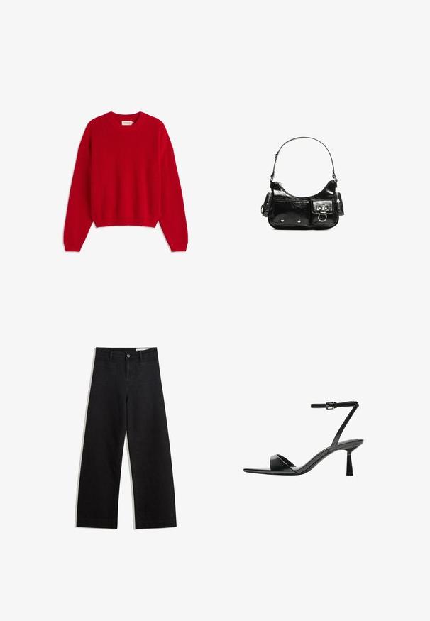 Červený pletený sveter s okrúhlym výstrihom, rebrovanou textúrou a dlhými rukávmi. Má voľný strih a skrátený lem. Na vnútornej strane sú viditeľné štítky.; Čierne denimové nohavice s širokými nohavicami a vysokým pásom, so prednými a zadnými vreckami, šitými švami a zapínaním na gombík. Hladká textúra.; Bershka Sandále na vysokom opätku - black; Čierna laková kožená kabelka s ohnutým tvarom, jedným ramenným popruhom, prednými vreckami a striebornými kovovými doplnkami.