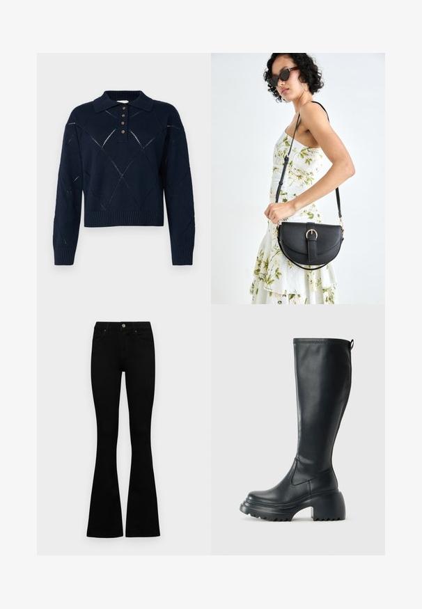 Mornarsko pleteno pulover s ovratnikom, ima gumbasto zapiranje, rombaste vzorce in rebraste robove.; Crne traperice viskog struka s kopčanjem na gumb i rajfeslusu, prednjim džepovima i širom nogavicama položene su ravno na bijeloj pozadini.; Visoke crne kožne čizme s debelim platformskim đonom i blok petom, s patentom za povlačenje i teksturiranim uzorkom na potplatu.; Crna kožna torba s lukovitim oblikom, odvojivim remenom i zlatnim detaljima. Torba ima preklop s kopčom.