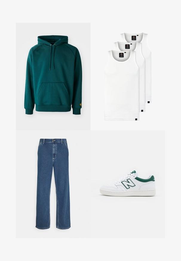 Tyrkysová mikina s klokankou, šnúrkami a manžetami. Mäki textil s hladkou štruktúrou, s logom na rukáve.; Tri biele rebrované tielka vyrobené z bavlny. Majú okrúhly výstrih a malé čierne štítky pri leme. Dostupné v rôznych veľkostiach.; Modré džíny z denimu so rovnými nohavicami, dizajnom so piatimi vreckami, kovovým zapínaním a viditeľným šitím pozdĺž švov a lemu.; Biele tenisky s zelenými akcentmi, kožený zvršok, perforovaná špička, šnúrkový uzáver a štruktúrovaná gumová podrážka. Obsahuje výrazné logo "N".