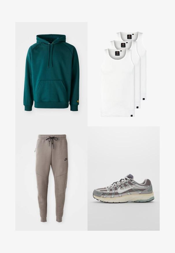 Teal hoodie with a kangaroo pocket, drawstrings, and ribbed cuffs. Soft fabric with a smooth texture, featuring a logo accent on the sleeve.; Three white ribbed tank tops made of cotton. Features a crew neck and small black labels near the hem. Available in multiple sizes.; Gray Nike sweatpants with a drawstring waistband, tapered legs, side pockets, and distinct seam detailing. Soft, textured fabric.; Gray athletic shoe featuring a mesh and suede upper, white accents, a cushioned sole, and a distinctive design with reflective elements.