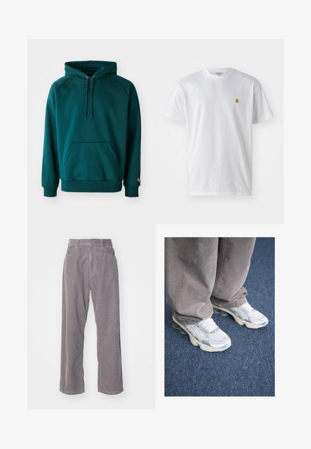 Teal hoodie with a kangaroo pocket, drawstrings, and ribbed cuffs. Soft fabric with a smooth texture, featuring a logo accent on the sleeve.; White cotton t-shirt with short sleeves, crew neck, featuring a small gold logo on the left chest area. Soft texture and regular fit.; Gray corduroy pants with a wide-leg design, featuring vertical ribbing, a button closure, and two front pockets.; White mesh athletic shoes with silver accents, featuring a thick sole and lacing system. Worn with gray corduroy pants. Blue carpet background.