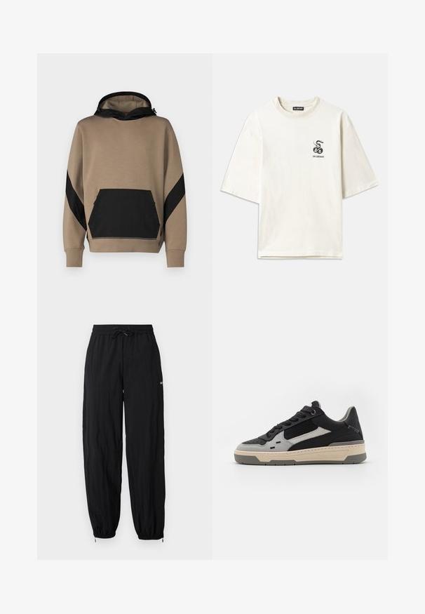 Szara bluza z kapturem w kolorze tanowym z czarnymi akcentami, z kieszenią typu kangur oraz kontrastowym wzornictwem na rękawach. Miękka w dotyku.; Kremowa, oversize'owa koszulka wykonana z bawełny. Ma krótkie rękawy i małą czarną grafikę węża po lewej stronie klatki piersiowej.; Czarne, lekkie spodnie sportowe z elastycznym pasem, regulowanym sznurkiem i zwężanymi kostkami. Zawierają subtelny detal z logo.; Sneakers z czarnymi i szarymi panelami, teksturowaną siateczką, gładką skórą i kremową gumową podeszwą o minimalistycznym designie.