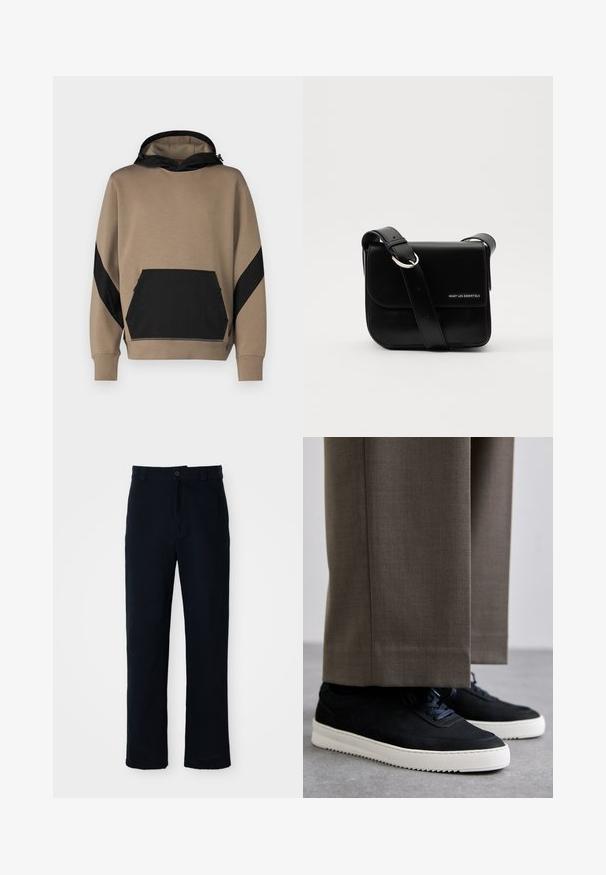 Mikina s kapucňou v pieskovom odtieni s čiernymi akcentmi, obsahujúca klokanie vrecko a kontrastný dizajn panelov na rukávoch. Mäkká textúra.; Námornícke modré nohavice vyrobené z bavlny, so strihom rovného nohavice, predným zapínaním na gombík a klasickým pásom s pútkami na opasok.; Čierne semišové tenisky s bielymi gumovými podrážkami, s okrúhlym prstom a šnúrkami, nosené s šedými vypracovanými nohavicami.; WANT Les Essentiels ARCH CROSSBODY UNISEX - Taška cez plece - black