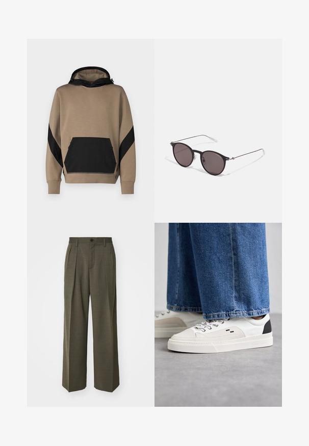 Mikina s kapucňou v pieskovom odtieni s čiernymi akcentmi, obsahujúca klokanie vrecko a kontrastný dizajn panelov na rukávoch. Mäkká textúra.; Filippa K WIDE TROUSERS - Nohavice - driftwood; Biele a čierne tenisky s hladkým koženým zvrškom, štruktúrovanými akcentmi a masívnou bielou podrážkou. Obsahujú klasický dizajn so šnurovaním.; Čierne okrúhle slnečné okuliare s tmavými sklami a tenkými kovovými ramenami. Obsahujú priehľadné konce rámov a strieborné akcenty na pántoch. Minimalistický dizajn.
