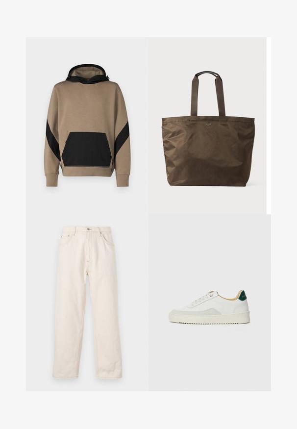 Hooded dukserica u boji pijeska s crnim detaljima, s kenguruh torbom i kontrastnim dizajnom panela na rukavima. Mekana tekstura.; Bež traperice ravnog kroja, izrađene od denima, s kopčanjem na gumb, pet džepova i vidljivim detaljima šavova. Glatka tekstura.; Bijele tenisice s akcentima od antilopa, zaobljenim vrhom, ravnim vezicama i krem gumenim potplatom. Imaju zelenu oznaku na peti.; Smeđa najlonska torba s dva platnena držača i glatkom teksturom. Sadrži minimalno brendiranje na prednjoj strani.