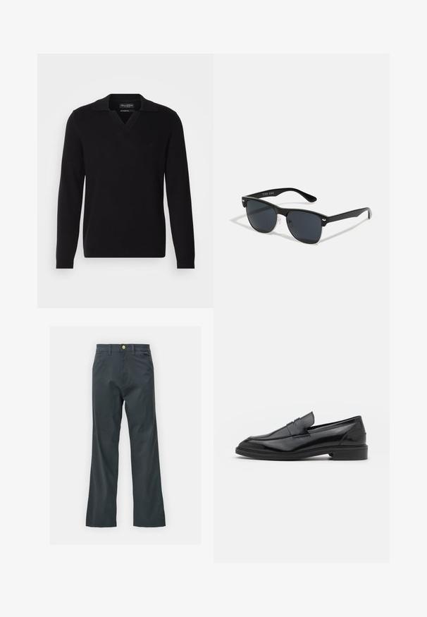 Juodas megztinis su V-formos iškirpte ir rišamu apykakliu. Ilgos rankovės ir subtilus logotipas krūtinėje. Lygus tekstūra.; Juodos kelnės su tiesiu kirpimu, pagamintos iš medvilnės mišinio. Turi metalinį mygtuką ir šonines kišenes. Be matomų raštų.; Juodos odinės loafers batai su lygiu paviršiumi, turintys apvalią noselę ir siaurą juostelę per viršų. Žemas sluoksnis kulnas.; Juodos saulės akinių su stačiakampiu rėmeliu, tamsiais lęšiais, sidabrinėmis detalėmis šventrajose ir matinio paviršiaus rėmeliu.