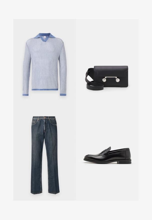 Pull en tricot bleu clair à manches longues, avec un col en V et un col en denim contrastant. Texture douce et coupe standard.; T-shirt à manches courtes bleu marine avec le texte blanc "neanche per sogno" centré sur la poitrine, col rond, taille moyenne.; Jeans en denim droit bleu foncé avec un bouton à l'avant, une fermeture éclair, deux poches avant et des plis verticaux visibles le long des jambes.; Mocassins en cuir noir avec une texture lisse, bout rond et une sangle décorative sur le dessus. Talon bas empilé, design minimaliste.; Sac bandoulière en cuir noir avec un rabat, accessoires en métal argenté et deux accents ronds. Doté d'une bandoulière amovible. Texture lisse.