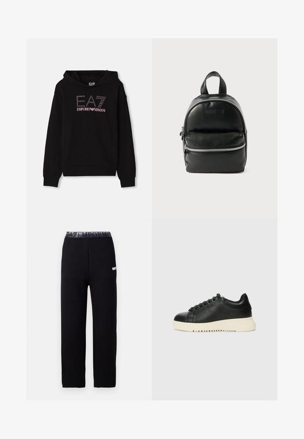 Felpa nera con grafica frontale in strass che presenta il testo "EA7 EMPORIO ARMANI". Ha una tasca a marsupio e polsini a costine.; Pantaloni da jogging neri con una texture elegante e morbida, dotati di una vita elastica con logo e dettaglio laterale. Design a gamba dritta.; Sneaker in pelle nera con finitura testurizzata, caratterizzata da punta tonda, sei occhielli neri e suola in gomma bianca con scanalature.; Zaino in pelle nera con forma arrotondata, tasca frontale con zip e due manici superiori. Presenta hardware in tonalità argento e una texture liscia.