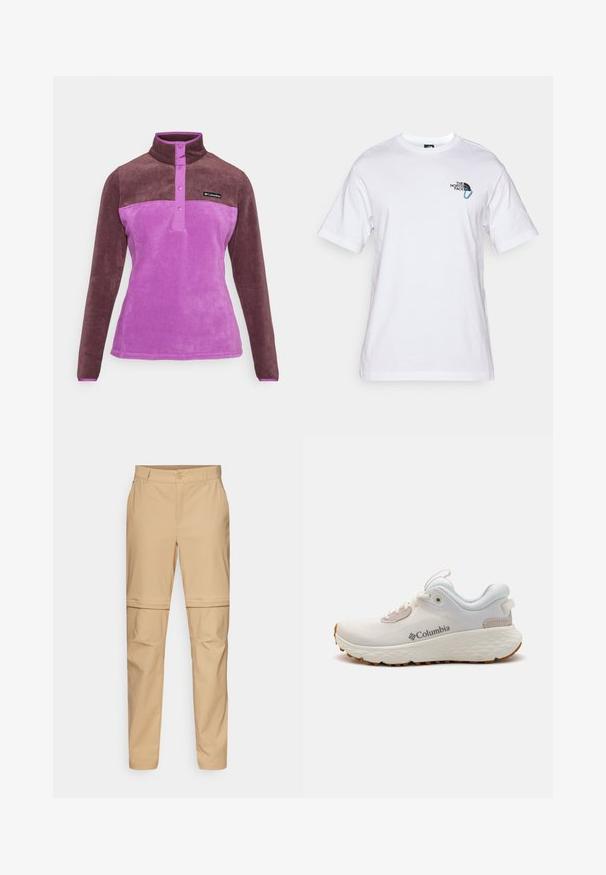 Lilla og brun fleece-pull med høy krage, knappeåpning og myk tekstur. Har et logo på brystområdet.; The North Face EXPLORE CARABINER RELAXED TEE UNISEX - T-shirts med print - white; Beige zip-off cargo-bukser med flatts front, knapplukking og smale ben. Laget av lettvektig stoff med en glatt tekstur.; Lettvekts Columbia treningssko i hvit mesh med en teksturert grå såle og gummitraction. Har en polstret krage og snøring.