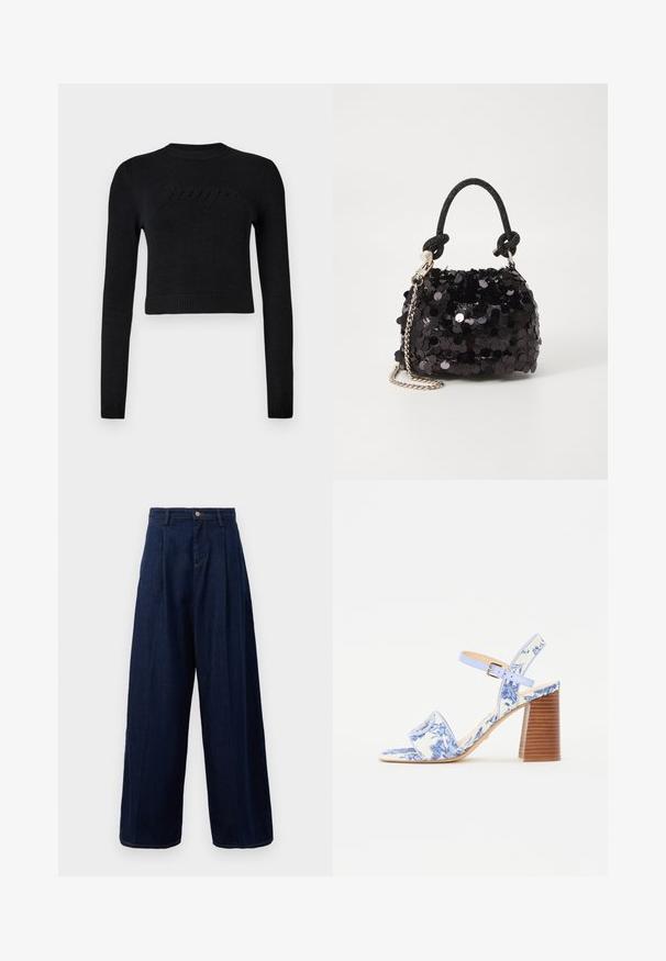 Must have mustar hihaga ja pahemise õlapaeltega pime pikkade varrukatega lõigatud sviiter, millel on rinna peal diskreetne kõrgendatud logo.; Tumed sinise denimi laiad püksid kõrge vöökoha, volditud esiosa ja klassikalise nööpkinnisega, küljetaskud ja kontrastne õmblus.; Sinine lillemustriga sandaal ruudukujulise varbaga, laia riba ja reguleeritava pahkluu rihmaga, millel on tekstuuriga puidust plokk-kann.; Must have mustrõngus mustal sädelev mini käekotil on sõlme tekstuuriga rihm ja hõbedane ketis. Ümar kuju, kokku kogutud ülaosa ja peegeldav detail.