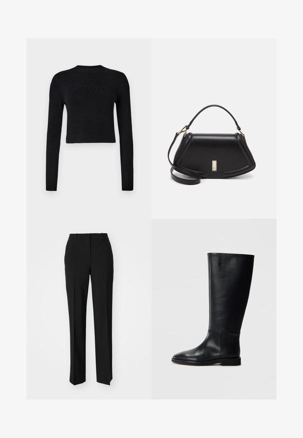 Must have mustar hihaga ja pahemise õlapaeltega pime pikkade varrukatega lõigatud sviiter, millel on rinna peal diskreetne kõrgendatud logo.; Mustad ja sirged püksid, millel on sile tekstuur ja teravad voldid esiosas. Ilma nähtavate detailideta.; Mustadast mustad nahast põlve kõrgus kingad, ümarate varvastega, siledast tekstuurist, minimalistlikus disainis ja lame tallaga. Lihtsad õmbluse detailid varrel.; Must mustrist käekott, millel on struktureeritud disain, lühendatud kuju, ülemine käepide ja kuldne metallist detail. Reguleeritav õlalihm on kaasas.