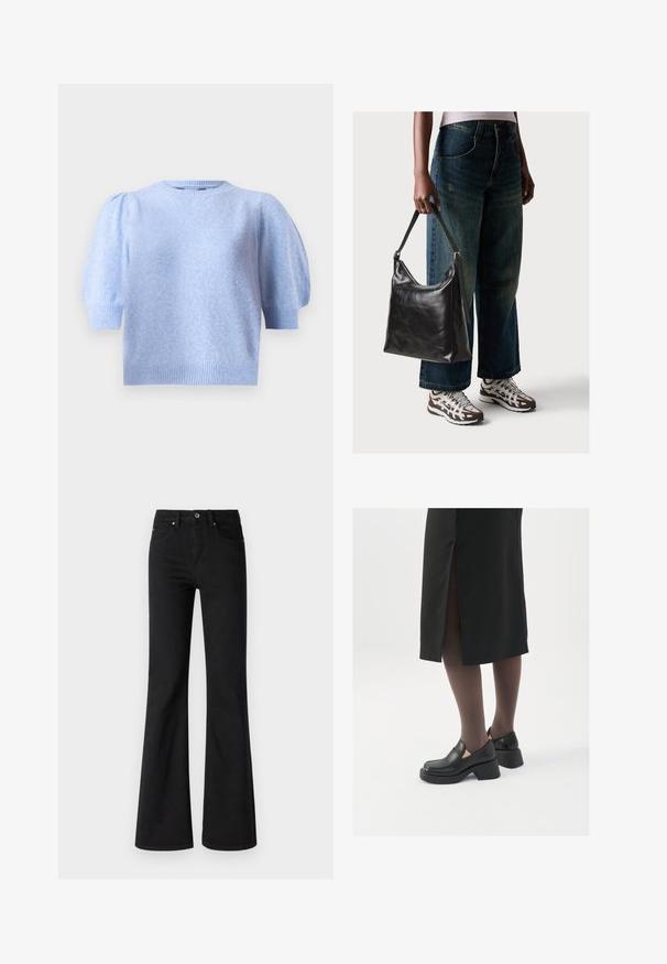 Világoskék, rövid ujjú pulóver kerek nyakkivágással, texturált felülettel és puffos ujjakkal. Bordás díszítés az ujjaknál és az alján.; Fekete, magas derekú, denimből készült, bő szárú farmernadrág, öt zsebbel, elülső gombbal és cipzárral, sima textúrával.; Fekete bőr cipők lekerekített orral, vastag blokk sarkakkal és elasztikus oldalsó díszítésekkel, sötét harisnyával és hasítékkal ellátott fekete szoknyával párosítva.; Fekete bőr válltáska sima textúrával és állítható pánttal, melyet elnyűtt, bő szárú farmernadrággal és sportcipőkkel párosítottak.