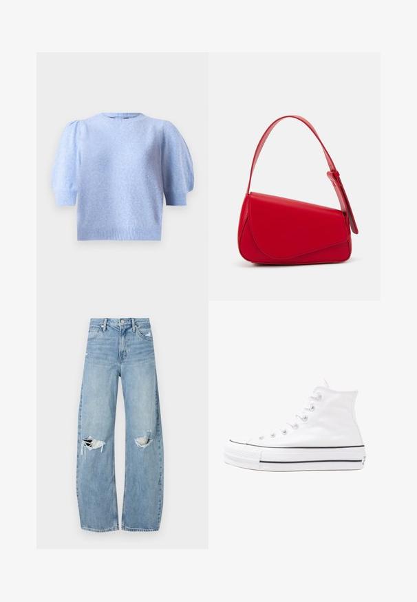 Hellblaue Kurzarmpullover mit Rundhalsausschnitt, strukturiertem Finish und Puffärmeln. Rippenbündchen an den Ärmeln und dem Saum.; Helles, hochtailliertes Jeans aus Denim. Hat weit geschnittene Beine, zwei aufgerissene Kniebereiche und klassischen Fünf-Taschen-Stil.; Weiße hochwertige Leinensneaker mit schwarzer Gummisohle, vorderem Gummizehenschutz und sechs Ösen für Schnürsenkel, die ein sauberes, minimalistisches Design aufweisen.; Rote Lederhandtasche mit einem kantigen, geometrischen Design. Verfügt über einen verstellbaren Schulterriemen und einen Klappenverschluss mit genähten Details.