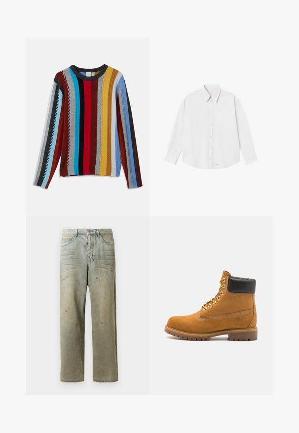 Kötött pulóver, amely multiszínű függőleges csíkokkal rendelkezik piros, kék, szürke, sárga és fekete színben, texturált bordázással és kerek nyakkivágással.; Fehér gombos ing, klasszikus gallérral, hosszú ujjakkal és kerekített aljjal; a bal alsó részen kis narancssárga logó található.; Fakó zöld, kopott farmerszadrág, egyenes lábbal, ötk zsebes kialakítással, egyenetlen kopással és festékcseppekkel.; Barna velúr bokacipő fekete párnázott gallérral, arany fém fűzőlyukakkal, fehér varrási részletekkel és durva gumitalppal, amelynek kifejezett barázdái vannak.