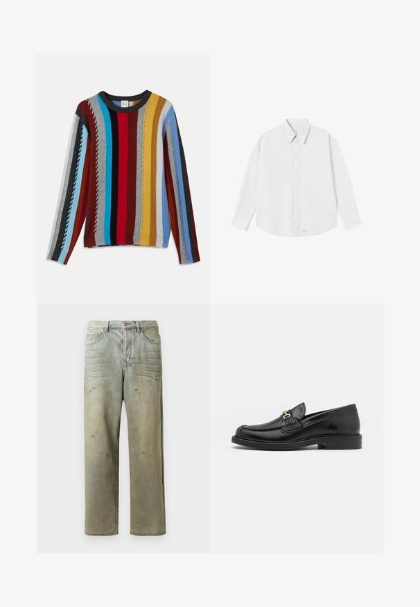 Pull en tricot présentant des rayures verticales multicolores en rouge, bleu, gris, jaune et noir, avec un texturé côtelé et un col rond.; Chemise blanche à boutons avec un col classique, des manches longues et un ourlet arrondi ; présente un petit logo orange en bas à gauche.; Jeans en denim déchiré de couleur vert clair, avec une coupe droite, un design à cinq poches et un délavage inégal agrémenté de taches de peinture.; Mocassins en cuir noir avec un embout rond, présentant des accents en métal doré et des détails de couture, montés sur une semelle en caoutchouc texturé et basse.