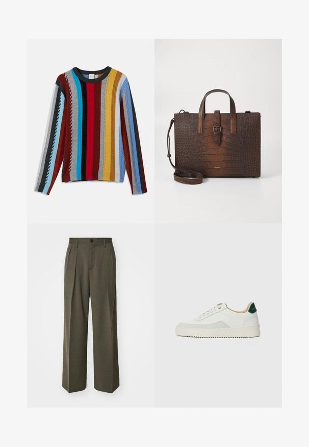Sweter o dzianinowej strukturze, zdobiony wielokolorowymi pionowymi paskami w odcieniach czerwieni, niebieskiego, szarości, żółci i czerni, z fakturowanym ściągaczem i okrągłym dekoltem.; Filippa K - Spodnie materiałowe; Białe trampki z zamszowymi akcentami, zaokrąglony czubek, płaskie sznurowadła i kremowa gumowa podeszwa. Posiadają zielone logo na pięcie.; Brązowa torebka ze skórzanym tłoczeniem w kształt krokodyla, z górnymi uchwytami i odpinanym paskiem na ramię. Posiada zapięcie na klamrę i prostokątny kształt.