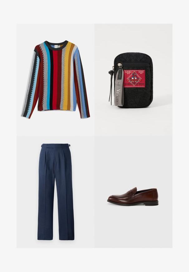 Gebreide trui met meerkleurige verticale strepen in rood, blauw, grijs, geel en zwart, met gestructureerde ribbels en een ronde halslijn.; Donkerblauwe op maat gemaakte broek, gemaakt van gestructureerde stof, met een hoge taille, plooien en verstelbare zijbanden voor een goede pasvorm.; Bruine leren instappers met een ronde neus, een detail met een bandje aan de voorkant en een lage gestapelde hak. Glad textuur met minimale decoratieve accenten.; Zwarte etui van textuurstof, met een rood patch met logo, ritssluiting en een grijze strap met het geëmbosseerde merknaam.